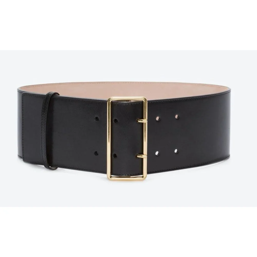 Alexander McQueen Black Leather Wide Belt with Gold Buckle